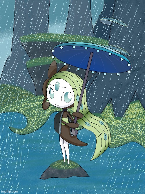 Meloetta in a rainy day (Art by TheawesomeMew) | made w/ Imgflip meme maker