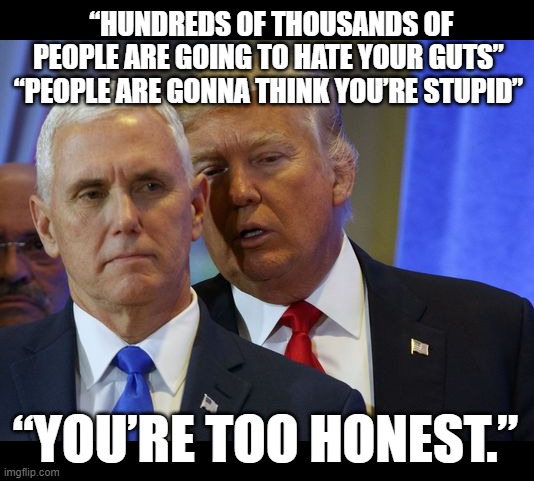 It was all a stupid lie by a conman | “HUNDREDS OF THOUSANDS OF PEOPLE ARE GOING TO HATE YOUR GUTS” “PEOPLE ARE GONNA THINK YOU’RE STUPID”; “YOU’RE TOO HONEST.” | image tagged in donald trump,traitor,mike pence,election 2020,lies | made w/ Imgflip meme maker