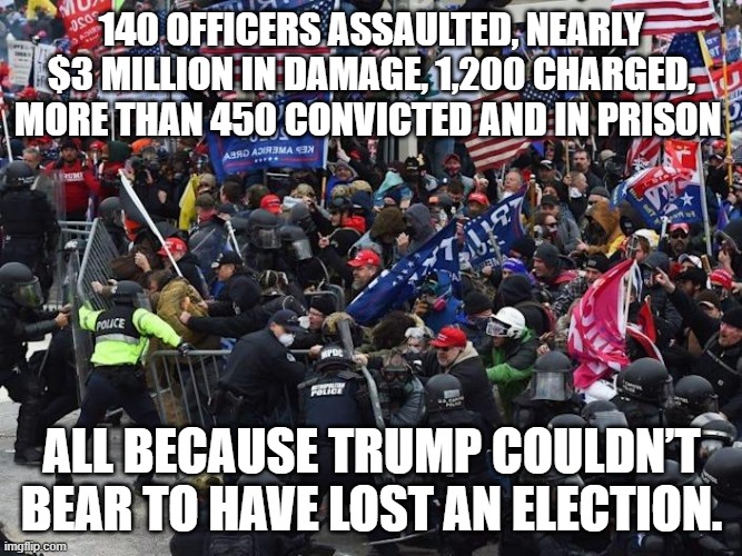 It was all a lie by a stupid conman | 140 OFFICERS ASSAULTED, NEARLY $3 MILLION IN DAMAGE, 1,200 CHARGED, MORE THAN 450 CONVICTED AND IN PRISON; ALL BECAUSE TRUMP COULDN’T BEAR TO HAVE LOST AN ELECTION. | image tagged in cop-killer maga right wing capitol riot january 6th,donald trump,treason,traitor | made w/ Imgflip meme maker