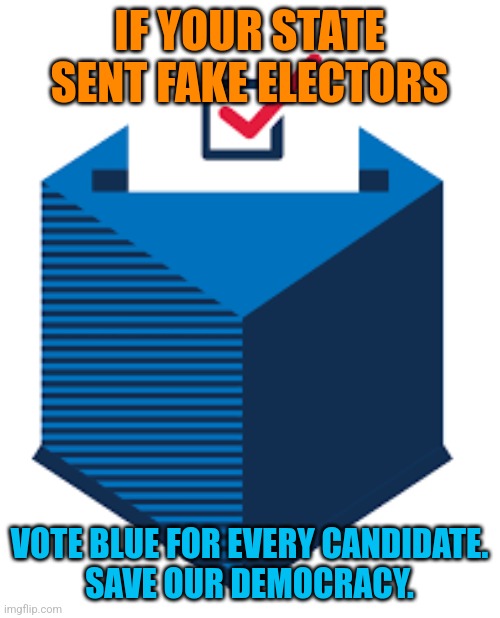 Vote Blue | IF YOUR STATE SENT FAKE ELECTORS; VOTE BLUE FOR EVERY CANDIDATE.
SAVE OUR DEMOCRACY. | image tagged in vote blue | made w/ Imgflip meme maker