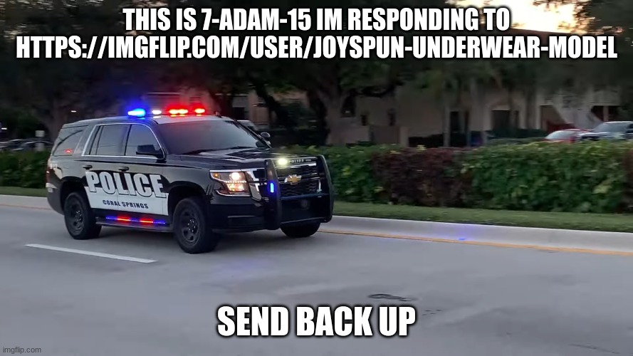 police car responding | THIS IS 7-ADAM-15 IM RESPONDING TO HTTPS://IMGFLIP.COM/USER/JOYSPUN-UNDERWEAR-MODEL; SEND BACK UP | image tagged in police car responding | made w/ Imgflip meme maker