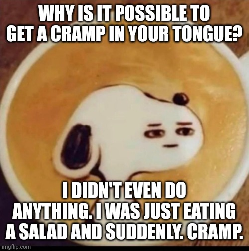 It hurts for no reason | WHY IS IT POSSIBLE TO GET A CRAMP IN YOUR TONGUE? I DIDN'T EVEN DO ANYTHING. I WAS JUST EATING A SALAD AND SUDDENLY. CRAMP. | image tagged in snoopy did something wrong | made w/ Imgflip meme maker