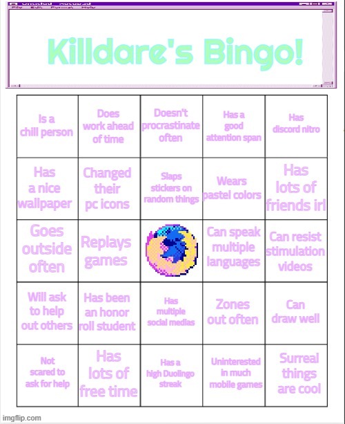 Killdare's Bingo | image tagged in killdare's bingo | made w/ Imgflip meme maker