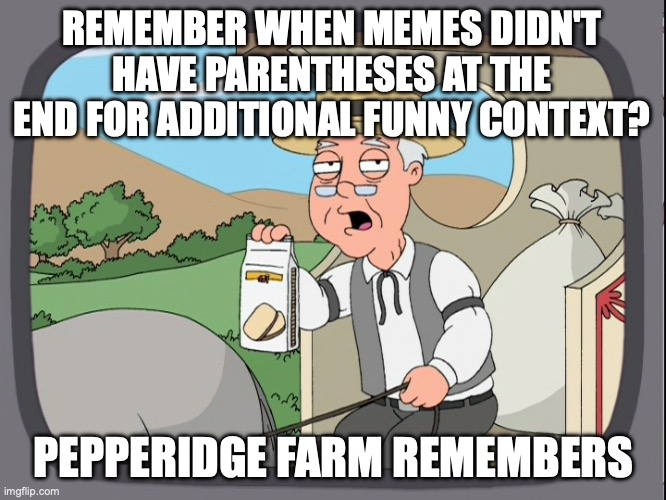 Not saying it's bad, just reminiscing. | REMEMBER WHEN MEMES DIDN'T HAVE PARENTHESES AT THE END FOR ADDITIONAL FUNNY CONTEXT? PEPPERIDGE FARM REMEMBERS | image tagged in peperridge farm,imgflip,old imgflip | made w/ Imgflip meme maker