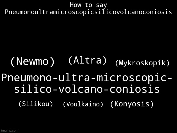 How to say Pneumonoultramicroscopicsilicovolcanoconiosis | How to say Pneumonoultramicroscopicsilicovolcanoconiosis; (Altra); (Newmo); (Mykroskopik); Pneumono-ultra-microscopic-
silico-volcano-coniosis; (Voulkaino); (Konyosis); (Silikou) | image tagged in long,words | made w/ Imgflip meme maker