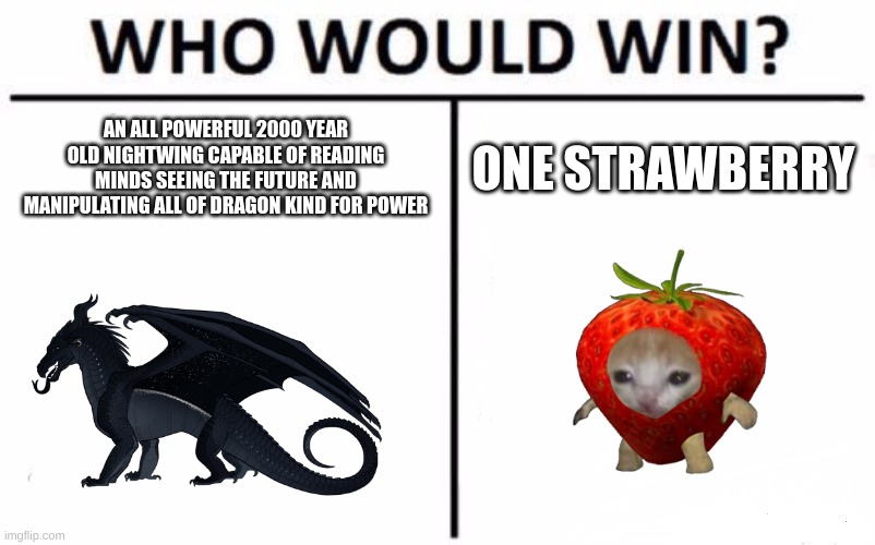 Who Would Win? Meme | AN ALL POWERFUL 2000 YEAR OLD NIGHTWING CAPABLE OF READING MINDS SEEING THE FUTURE AND MANIPULATING ALL OF DRAGON KIND FOR POWER; ONE STRAWBERRY | image tagged in memes,who would win | made w/ Imgflip meme maker