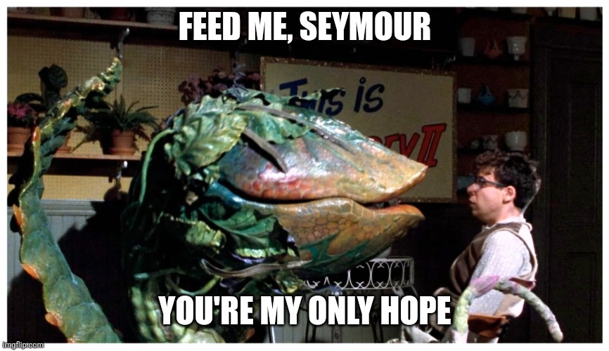 Little Shop of Horrors: A New Hope | FEED ME, SEYMOUR; YOU'RE MY ONLY HOPE | image tagged in little shop of horrors a new hope | made w/ Imgflip meme maker