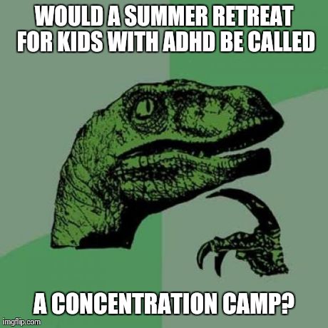 Philosoraptor | WOULD A SUMMER RETREAT FOR KIDS WITH ADHD BE CALLED A CONCENTRATION CAMP? | image tagged in memes,philosoraptor | made w/ Imgflip meme maker