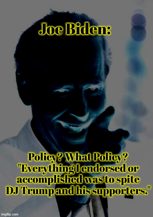 Smilin Biden Meme | Joe Biden: Policy? What Policy? "Everything I endorsed or accomplished was to spite DJ Trump and his supporters." | image tagged in memes,smilin biden | made w/ Imgflip meme maker