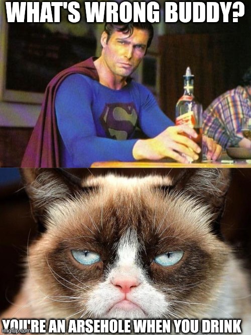 WHAT'S WRONG BUDDY? YOU'RE AN ARSEHOLE WHEN YOU DRINK | image tagged in drunk superman,memes,grumpy cat not amused | made w/ Imgflip meme maker