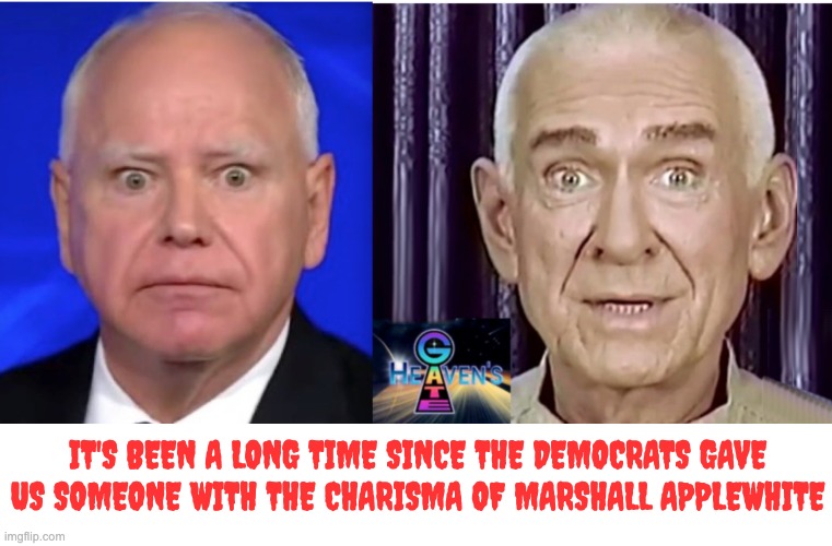 What could possibly go wrong? | IT'S BEEN A LONG TIME SINCE THE DEMOCRATS GAVE US SOMEONE WITH THE CHARISMA OF MARSHALL APPLEWHITE | image tagged in tim walz,applewhite,everything is fine | made w/ Imgflip meme maker