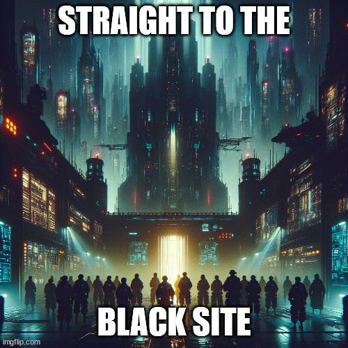 Straight to the Black Site | STRAIGHT TO THE; BLACK SITE | image tagged in punishment,government | made w/ Imgflip meme maker