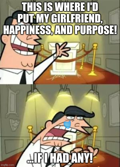 Sad | THIS IS WHERE I'D PUT MY GIRLFRIEND, HAPPINESS, AND PURPOSE! ...IF I HAD ANY! | image tagged in memes,this is where i'd put my trophy if i had one | made w/ Imgflip meme maker