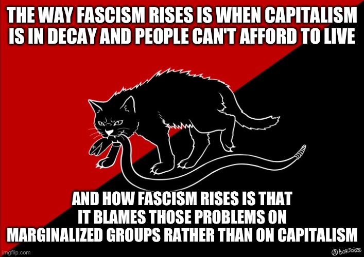 Follow me on more tips to spot fascism | THE WAY FASCISM RISES IS WHEN CAPITALISM IS IN DECAY AND PEOPLE CAN'T AFFORD TO LIVE; AND HOW FASCISM RISES IS THAT IT BLAMES THOSE PROBLEMS ON MARGINALIZED GROUPS RATHER THAN ON CAPITALISM | image tagged in sabo cat with snake,fascism,fascist | made w/ Imgflip meme maker