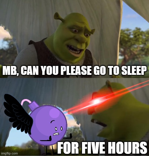 MB, go to bed, seriously, you've stayed up all night. | MB, CAN YOU PLEASE GO TO SLEEP; FOR FIVE HOURS | image tagged in shrek for five minutes | made w/ Imgflip meme maker