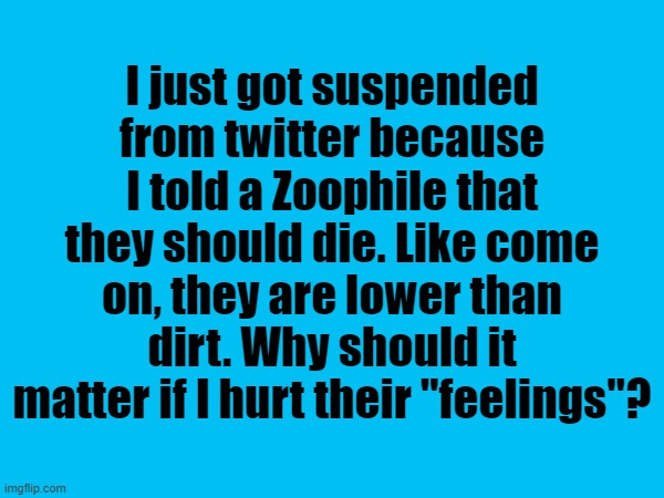 Unrelated but if anyone wants my Reddit account, comment down below. | I just got suspended from twitter because I told a Zoophile that they should die. Like come on, they are lower than dirt. Why should it matter if I hurt their "feelings"? | made w/ Imgflip meme maker
