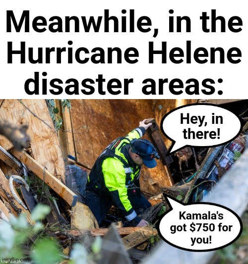 The rest of FEMA's money went to the migrants | Meanwhile, in the
Hurricane Helene
disaster areas: | image tagged in memes,kamala harris,fema,migrants,hurricane,helene | made w/ Imgflip meme maker