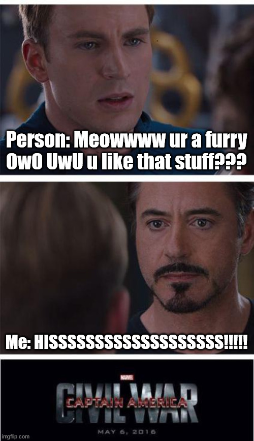HISSSSSSSSSSSSS!!!!!!!!!! dont talk to me!!! | Person: Meowwww ur a furry OwO UwU u like that stuff??? Me: HISSSSSSSSSSSSSSSSSSS!!!!! | image tagged in memes,marvel civil war 1 | made w/ Imgflip meme maker