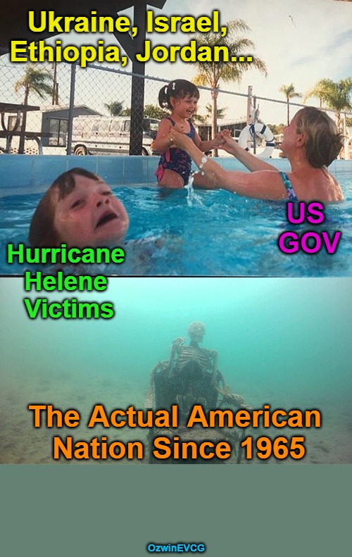 Decades of Echoes | Ukraine, Israel, 

Ethiopia, Jordan... US 

GOV; Hurricane 

Helene 

Victims; The Actual American 

Nation Since 1965; OzwinEVCG | image tagged in mother ignoring kid drowning in a pool,fema,hurricanes,government corruption,occupied usa,foreign aid | made w/ Imgflip meme maker