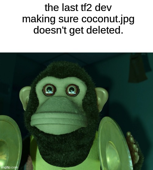 Toy Story Monkey | the last tf2 dev making sure coconut.jpg doesn't get deleted. | image tagged in toy story monkey | made w/ Imgflip meme maker
