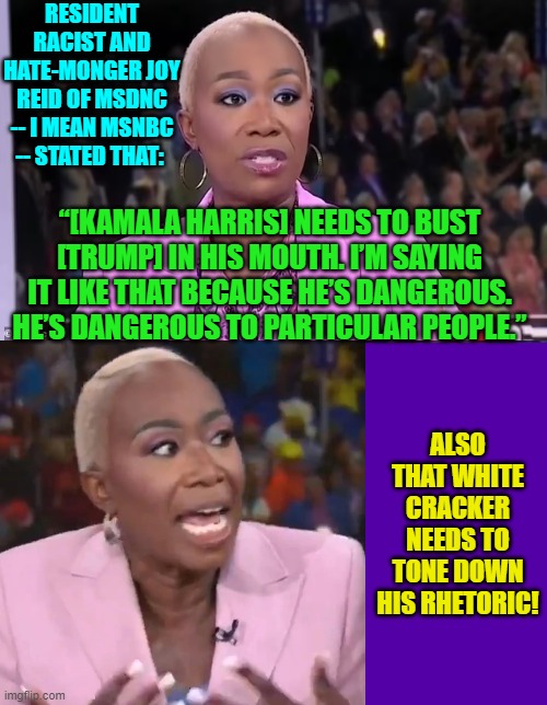 Notice that ALL of the open racists work for the Dem Party? | RESIDENT RACIST AND HATE-MONGER JOY REID OF MSDNC -- I MEAN MSNBC -- STATED THAT:; “[KAMALA HARRIS] NEEDS TO BUST [TRUMP] IN HIS MOUTH. I’M SAYING IT LIKE THAT BECAUSE HE’S DANGEROUS. HE’S DANGEROUS TO PARTICULAR PEOPLE.”; ALSO THAT WHITE CRACKER NEEDS TO TONE DOWN HIS RHETORIC! | image tagged in yep | made w/ Imgflip meme maker