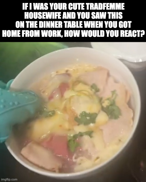 Asking because apparently it looks like ass ... | IF I WAS YOUR CUTE TRADFEMME HOUSEWIFE AND YOU SAW THIS ON THE DINNER TABLE WHEN YOU GOT HOME FROM WORK, HOW WOULD YOU REACT? | image tagged in cooking,food,tradfemme,housewife,funny,meme | made w/ Imgflip meme maker