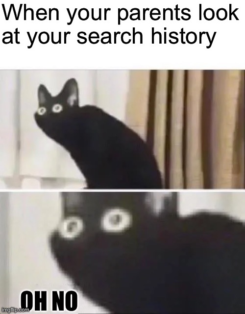 Oh No Black Cat | When your parents look at your search history; OH NO | image tagged in oh no black cat | made w/ Imgflip meme maker