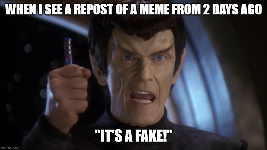 Relatable? | WHEN I SEE A REPOST OF A MEME FROM 2 DAYS AGO; "IT'S A FAKE!" | image tagged in it's a fake | made w/ Imgflip meme maker