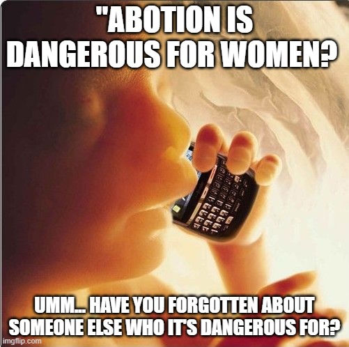 Baby in womb on cell phone - fetus blackberry | "ABOTION IS DANGEROUS FOR WOMEN? UMM... HAVE YOU FORGOTTEN ABOUT SOMEONE ELSE WHO IT'S DANGEROUS FOR? | image tagged in baby in womb on cell phone - fetus blackberry | made w/ Imgflip meme maker