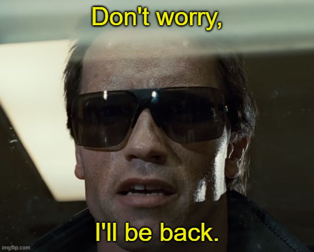 see ya later | Don't worry, I'll be back. | image tagged in i'll be back | made w/ Imgflip meme maker