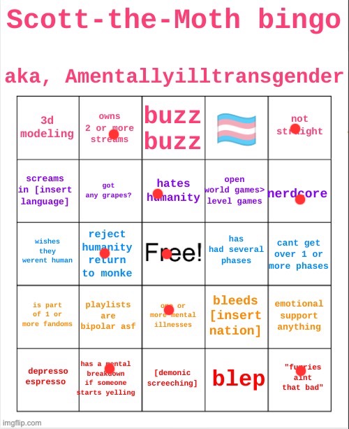 Scott the Moth bingo | image tagged in scott the moth bingo | made w/ Imgflip meme maker