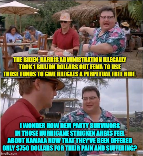 Yesh . . . just how DO those particular Dems feel about this now? | THE BIDEN-HARRIS ADMINISTRATION ILLEGALLY TOOK 1 BILLION DOLLARS OUT FEMA TO USE THOSE FUNDS TO GIVE ILLEGALS A PERPETUAL FREE RIDE. I WONDER HOW DEM PARTY SURVIVORS IN THOSE HURRICANE STRICKEN AREAS FEEL ABOUT KAMALA NOW THAT THEY'VE BEEN OFFERED ONLY $750 DOLLARS FOR THEIR PAIN AND SUFFERING? | image tagged in yep | made w/ Imgflip meme maker