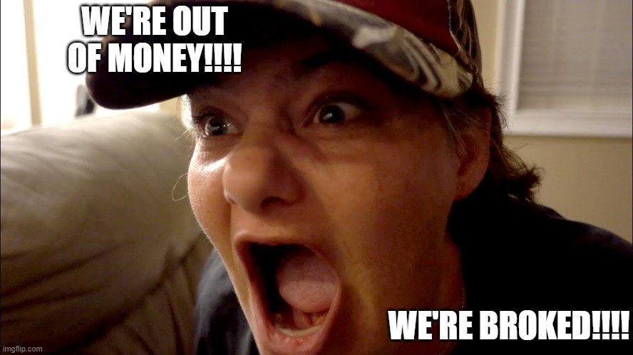 Jenny Green | WE'RE OUT OF MONEY!!!! WE'RE BROKED!!!! | image tagged in meme,memes,funny meme | made w/ Imgflip meme maker