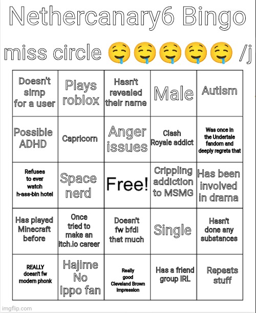 nethercanary6 Bingo :P | miss circle 🤤🤤🤤🤤🤤 /j; Nethercanary6 Bingo; Hasn't revealed their name; Plays roblox; Autism; Doesn't simp for a user; Male; Anger issues; Possible ADHD; Was once in the Undertale fandom and deeply regrets that; Clash Royale addict; Capricorn; Crippling addiction to MSMG; Refuses to ever watch h-ass-bin hotel; Has been involved in drama; Space nerd; Has played Minecraft before; Once tried to make an itch.io career; Hasn't done any substances; Single; Doesn't fw bfdi that much; Hajime No Ippo fan; Repeats stuff; REALLY doesn't fw modern phonk; Has a friend group IRL; Really good Cleveland Brown impression | image tagged in blank bingo | made w/ Imgflip meme maker