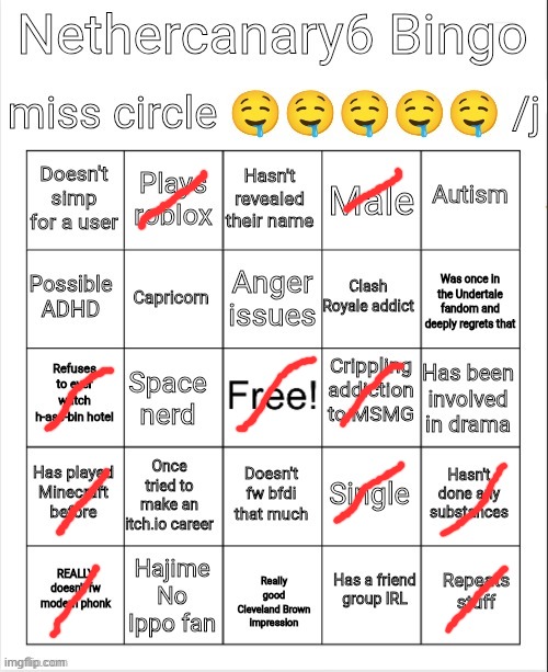 Nethercanary6 bingo | image tagged in nethercanary6 bingo | made w/ Imgflip meme maker