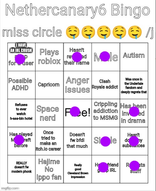 Nethercanary6 bingo | I HAVE AN IRL CRUSH | image tagged in nethercanary6 bingo | made w/ Imgflip meme maker