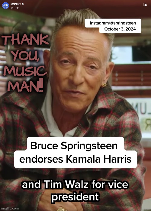 The World is Watching: Thank You, Music Man! | THANK YOU, MUSIC MAN!! | image tagged in bruce springsteen,dnc,msnbc,kamala harris | made w/ Imgflip meme maker