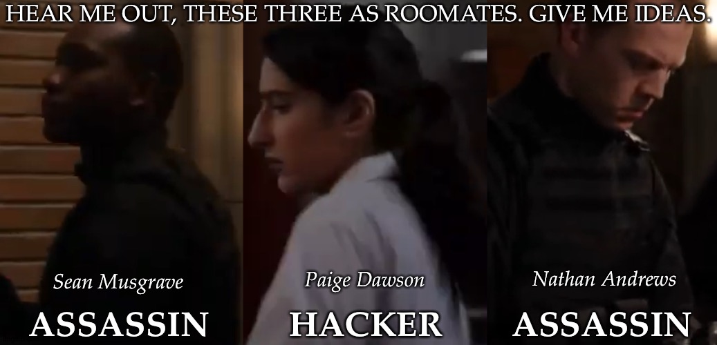 Characters That Have Never Met In Canon | HEAR ME OUT, THESE THREE AS ROOMATES. GIVE ME IDEAS. Nathan Andrews; Paige Dawson; Sean Musgrave; HACKER; ASSASSIN; ASSASSIN | image tagged in give me suggestions,just for fun,underappreciated characters,fandom will continue to go unmentioned | made w/ Imgflip meme maker