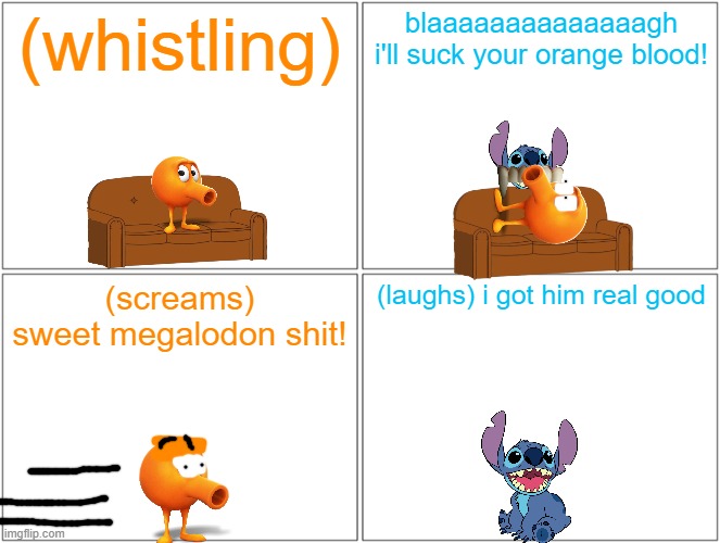 qbert gets scared silly | (whistling); blaaaaaaaaaaaaaagh i'll suck your orange blood! (screams) sweet megalodon shit! (laughs) i got him real good | image tagged in memes,blank comic panel 2x2,qbert,halloween | made w/ Imgflip meme maker