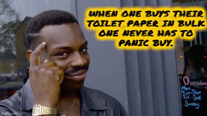 Roll Safe Think About It Meme | WHEN ONE BUYS THEIR
TOILET PAPER IN BULK
ONE NEVER HAS TO
PANIC BUY. | image tagged in memes,roll safe think about it | made w/ Imgflip meme maker