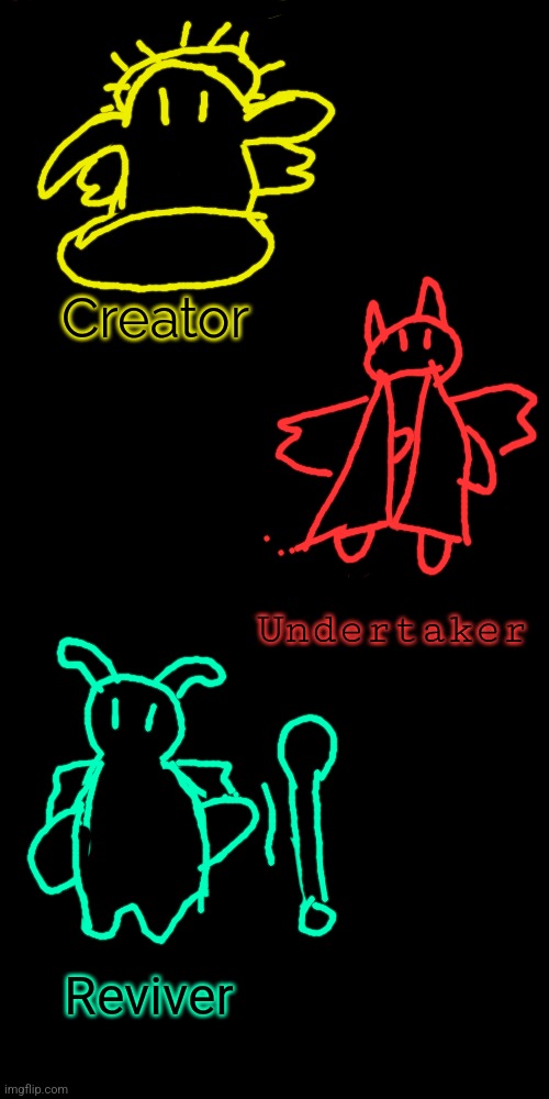 Decided to do some quick doodles of my new OCs, Creator, Undertaker, and Reviver. Check the description for a lot of details lol | Creator; Undertaker; Reviver; Creator is, well, the creator is known as the King of All, he has the Radiant Halo, it looks spiky but that's actually light, and he rides a cloud. He's the oldest triplet. Undertaker is the Prince of Death and he has the Hellfire Cloak which only he can touch without being burned, he also has a book of sins so he can say someone's name and open the book and all their sins are there. He's the middle and the problem child. Reviver is the Princess of Life, she has the Life Staff which she uses to revive dead if they lived a good life and Undertaker left them alone. She wasn't born with wings but eventually grew them. She's the youngest triplet. | image tagged in so they're basically gods,but they don't have infinite power,like creator only creates | made w/ Imgflip meme maker