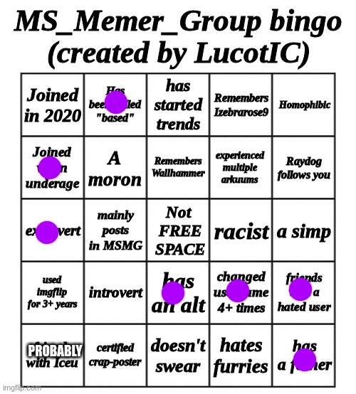 MSMG Bingo - by LucotIC | PROBABLY | image tagged in msmg bingo - by lucotic | made w/ Imgflip meme maker