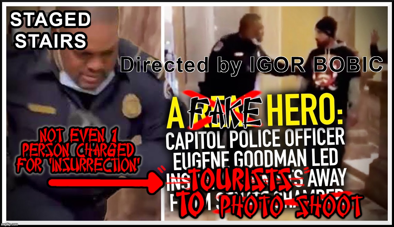 J6: STAGED STAIRS by Igor Bobic & star Eugene Goodman. | image tagged in bobic,goodman,staged stairs,false flag,j6,fedsurrection | made w/ Imgflip meme maker