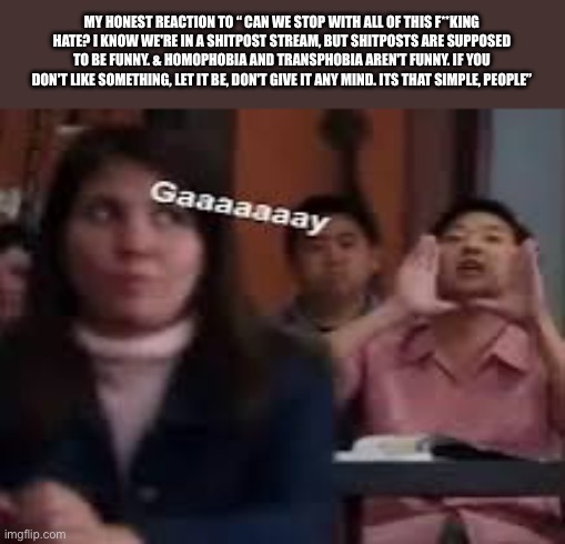 Chang gaaaaaaaay | MY HONEST REACTION TO “ CAN WE STOP WITH ALL OF THIS F**KING HATE? I KNOW WE'RE IN A SHITPOST STREAM, BUT SHITPOSTS ARE SUPPOSED TO BE FUNNY. & HOMOPHOBIA AND TRANSPHOBIA AREN'T FUNNY. IF YOU DON'T LIKE SOMETHING, LET IT BE, DON'T GIVE IT ANY MIND. ITS THAT SIMPLE, PEOPLE” | image tagged in chang gaaaaaaaay | made w/ Imgflip meme maker
