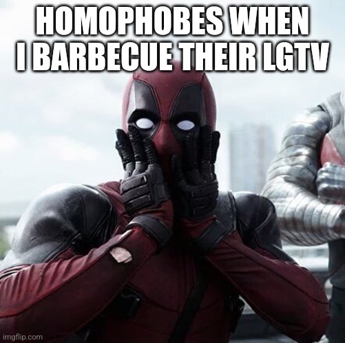 Deadpool Surprised | HOMOPHOBES WHEN I BARBECUE THEIR LGTV | image tagged in memes,deadpool surprised | made w/ Imgflip meme maker