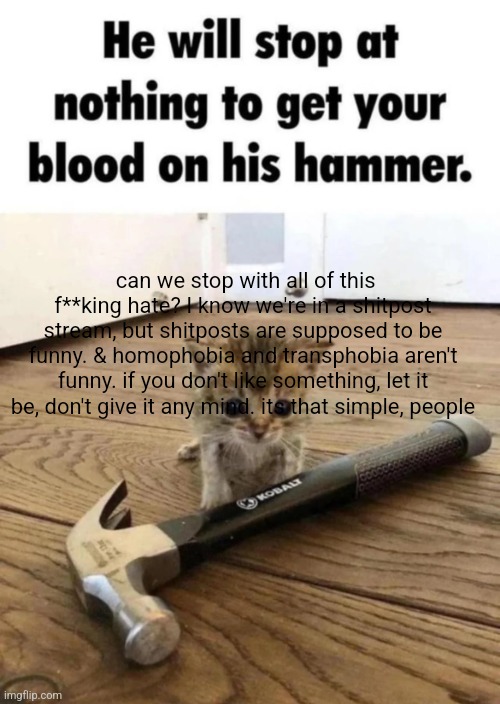 MurderCat | can we stop with all of this f**king hate? I know we're in a shitpost stream, but shitposts are supposed to be funny. & homophobia and transphobia aren't funny. if you don't like something, let it be, don't give it any mind. its that simple, people | image tagged in murdercat | made w/ Imgflip meme maker