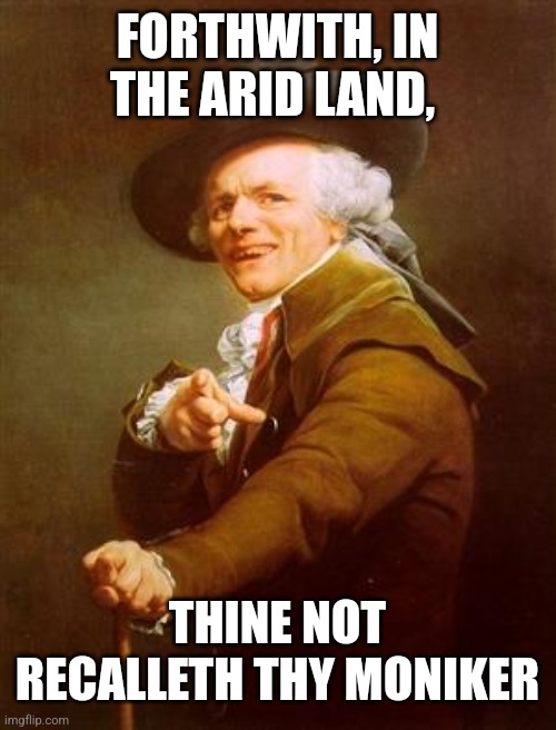 ye olde englishman | FORTHWITH, IN THE ARID LAND, THINE NOT RECALLETH THY MONIKER | image tagged in ye olde englishman | made w/ Imgflip meme maker