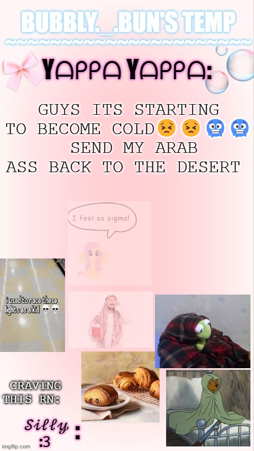 LMAO I spawned in the wrong climate | GUYS ITS STARTING TO BECOME COLD😣😣🥶🥶  SEND MY ARAB ASS BACK TO THE DESERT; CRAVING THIS RN: | image tagged in bubbly _ bun's temp 00 | made w/ Imgflip meme maker
