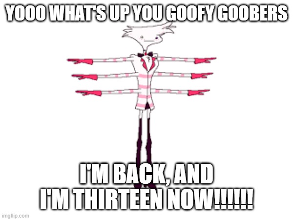 YOOO I'M BACK!!!!!! | YOOO WHAT'S UP YOU GOOFY GOOBERS; I'M BACK, AND I'M THIRTEEN NOW!!!!!! | image tagged in i'm back | made w/ Imgflip meme maker