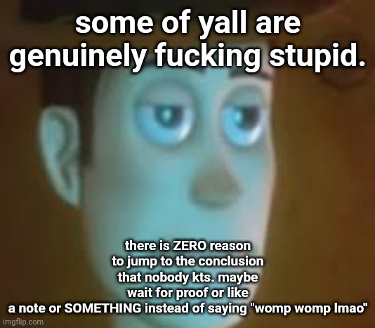 disappointed woody | some of yall are genuinely fucking stupid. there is ZERO reason to jump to the conclusion that nobody kts. maybe wait for proof or like a note or SOMETHING instead of saying "womp womp lmao" | image tagged in disappointed woody | made w/ Imgflip meme maker